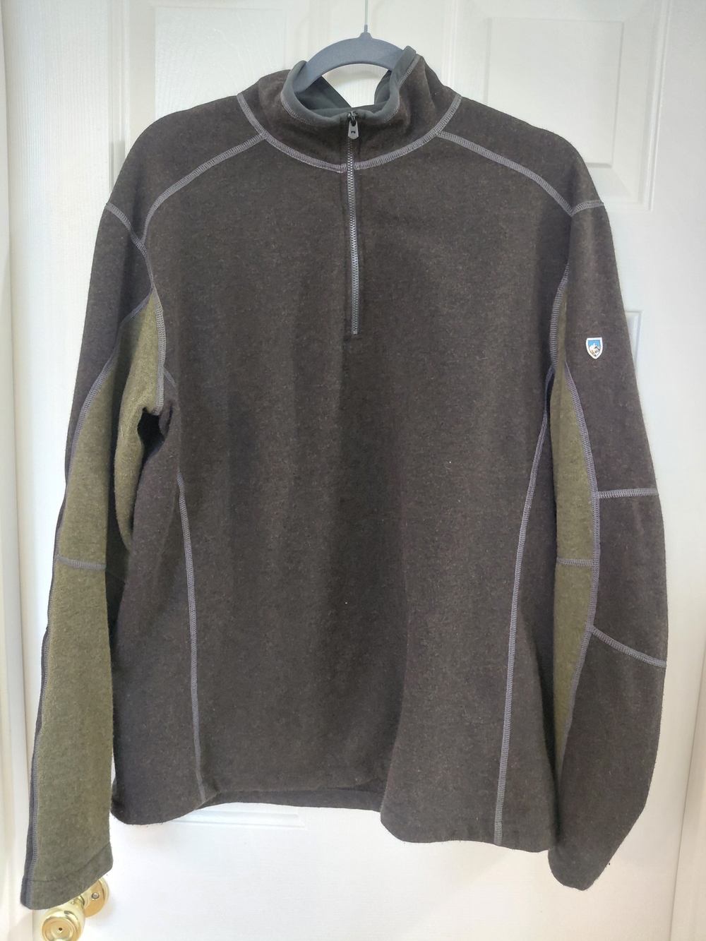 Kuhl Men's Zip-Neck Sweater in Dark Brown with Olive Panels